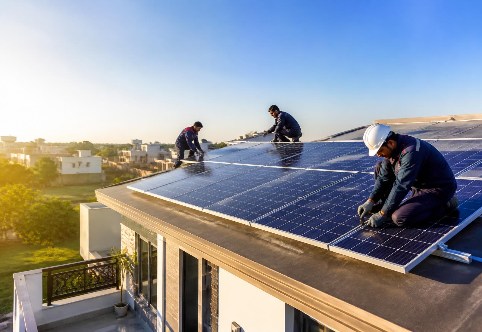 Sun Green Electric technicians installing rooftop solar panels in Islamabad